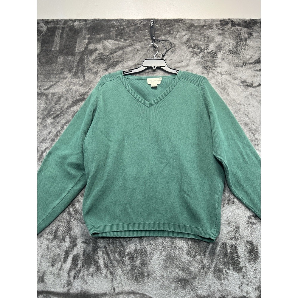 Vintage Eddie Bauer Sweater Large Green V Neck 100% Cotton Made In Hong Kong